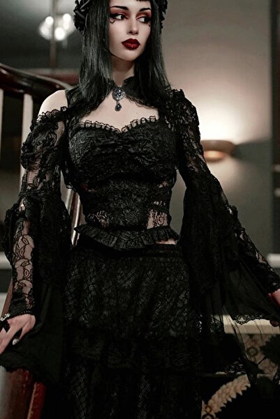 Giraffe Büstiyer Bluz Şifon Gömlek Dantel Transparan Üst Ceket Gotik Retro