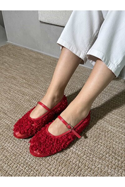 diclepolat Γυναικεία παπούτσια μπαλαρίνας από τούλι με λεπτομέρειες σε κόκκιν...