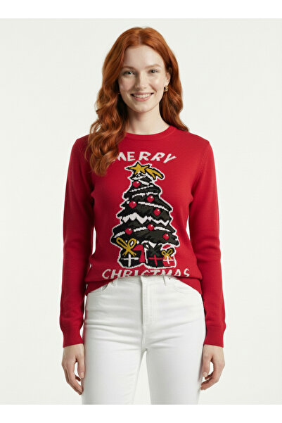 Neden Tekstil Γυναικείο κόκκινο πλεκτό πουλόβερ με χριστουγεννιάτικο θέμα