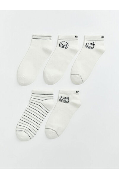 LC Waikiki Rmz Gi̇yi̇m Farkiyla Embroidered Women's Booties Socks 5-Pack