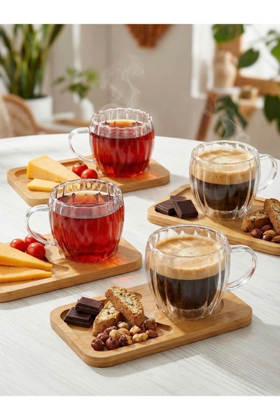Vivien Home 4parça 2kişilik çift cidarlı bardak ve bambu tabaklı espresso çay kahve fıncan takımı