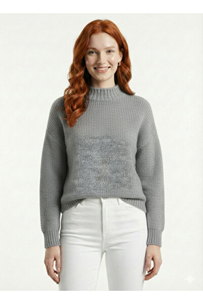 Neden Tekstil Γυναικείο πλεκτό πουλόβερ με απαλή υφή και ψηλό λαιμό σε γκρι α...