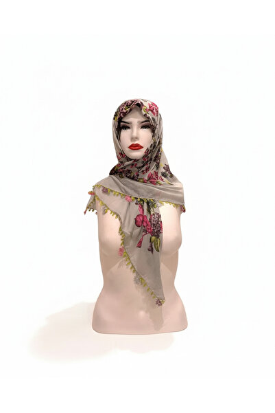 Taşhan Çarşı Geleneksel İğne Oyalı %100 Pamuklu Kadın Yazma - Vizon Gri Flora...