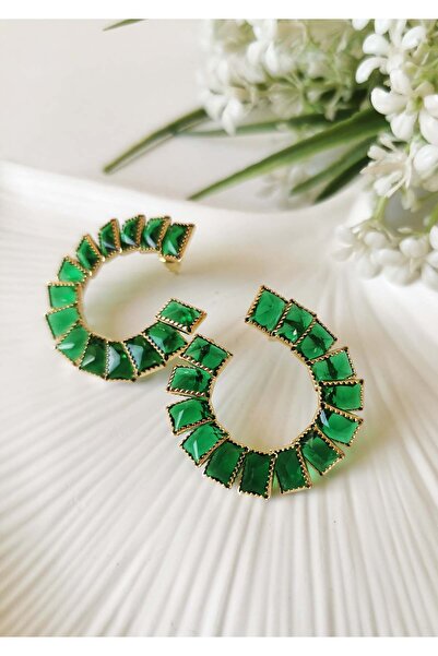 Halley Concept Green Stone Gold Steel Hoop Earrings