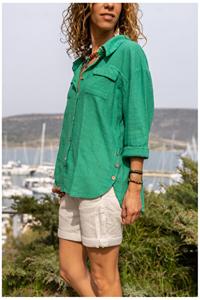 Lavanta Tekstil Πλενόμενο λινό πουκάμισο με κουμπιά στο πλάι και διπλές τσέπε...