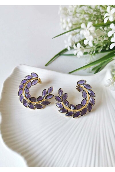 Halley Concept Leaf patterned purple stone gold steel hoop earrings