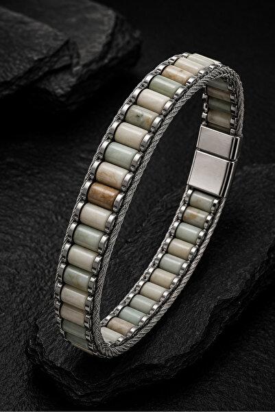 İyyaKee Men's Steel Bracelet with Natural Amazonite Stone, Stainless 316 L Pr...