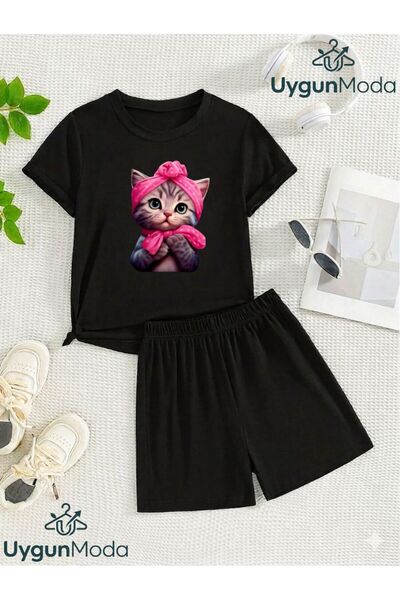 UygunModa Candy Cat Printed T-Shirt Shorts Summer Children's Set