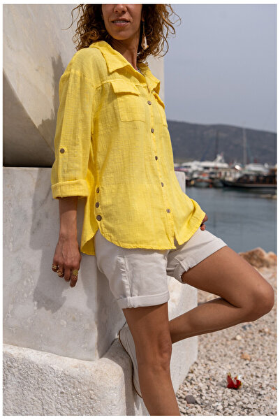 Lavanta Tekstil Πλενόμενο λινό πουκάμισο με κουμπιά στο πλάι και διπλές τσέπε...