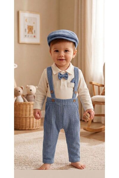 KOÇAR BEBEK Baby Boy Salopet Jumpsuit with Hat, Handkerchief and Bow Tie Deta...