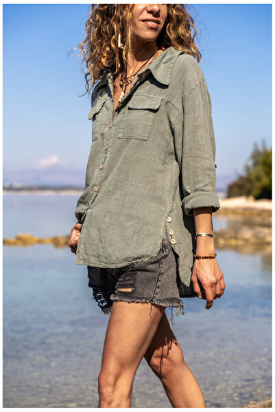 Lavanta Tekstil Πλενόμενο λινό πουκάμισο με κουμπιά στο πλάι και διπλές τσέπε...