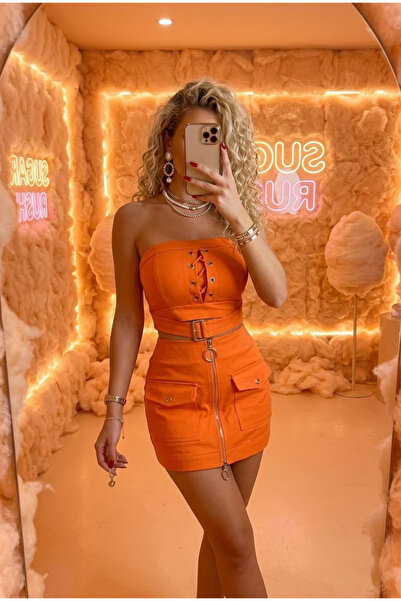 Love Fab Σετ δύο τεμαχίων με στράπλες μπλούζα, λεπτομέρεια με ζώνη με οπές, λ...