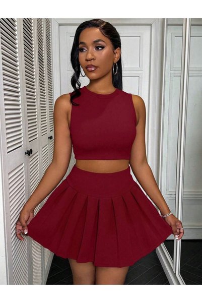Lucky Line Betty Women's Crop Blouse Skirt Set Pleated Mini Skirt Stylish Casual Summer Combination