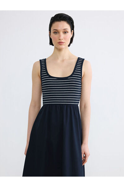 LC Waikiki Square Neckline Striped Gathered Waist Fitted Dress