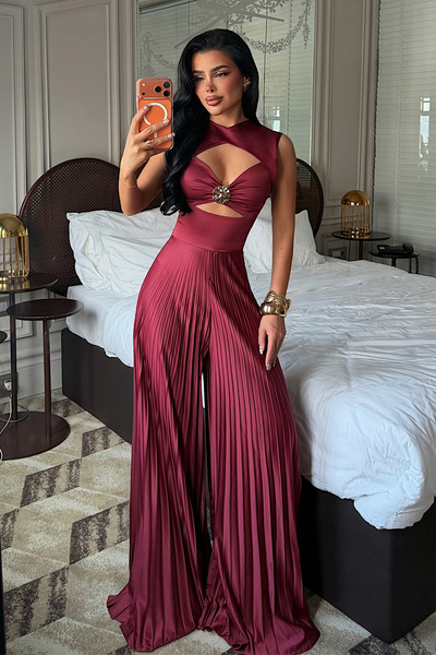 Eyyo Βουργουνδί χρώματος Varolli Ολόσωμη φόρμα με φαρδιά μπατζάκια και πιέτες...