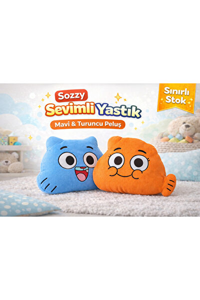 Sozzy 2’li Peluş Yastık Seti Mavi Turuncu Sevimli Karakter Çocuk Dekoratif Ya...