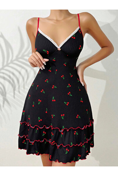 Bleu Petite Μίνι γυναικείο νυχτικό σε μαύρο χρώμα με σχέδιο κεράσι