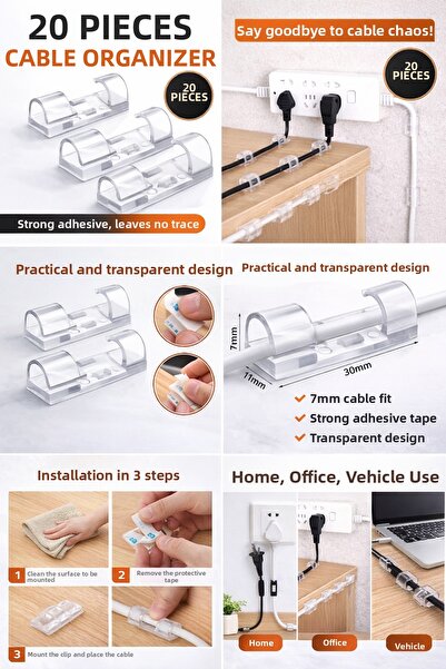 Generic Cable Organizer Clips 20 Pieces Strong Adhesive Transparent Cable Fixer