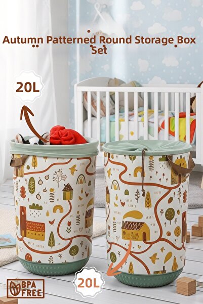 Nandy Home Set of 2 Autumn Patterned Round Organizer Baskets - 20L – with Dra...