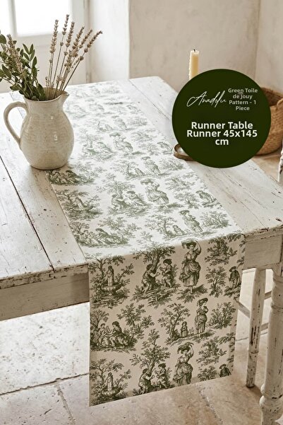 Anadolu Saray Πράσινο διακοσμητικό τραπεζομάντιλο με σχέδιο Toile De Jouy, αν...
