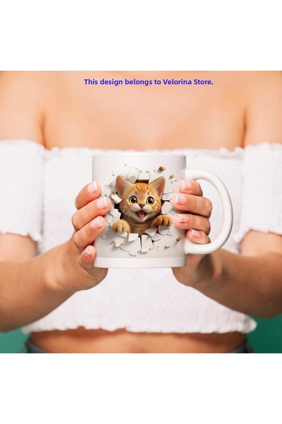 Velorina 3D Mug with Cute Cat Design Coming Out of the Wall - 3D Cat Mugs