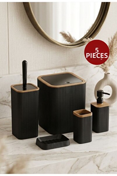 Okyanus Home Σετ μπάνιου Mina Due Μαύρο ριγέ τετράγωνο 5 τεμαχίων