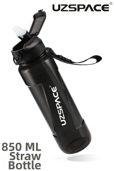 Uzspace 850 ml Transparent Body Tritan Water Bottle with Straw and Measuremen...