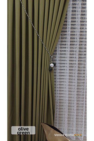 venedik home Κουρτίνα φόντου από λινό Milas σε πράσινο χρώμα λαδιού 1x3 με σφ...