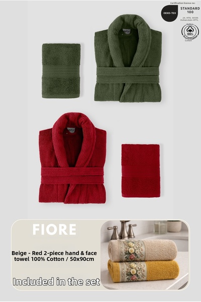 Ellaline طقم رداء حمام عائلي مخطط من 4 قطع 100% قطن معتمد + فوَر 2 منشفة بيج ...