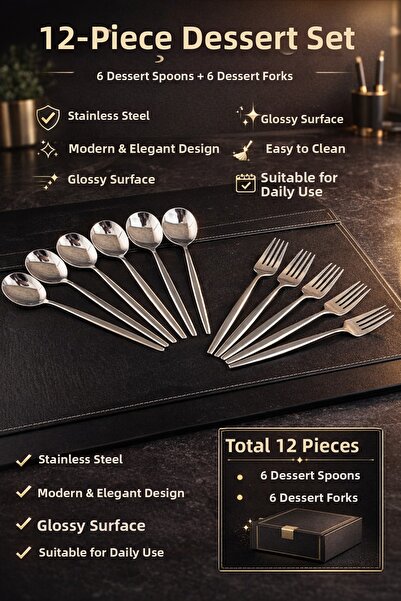 Single مجموعة دايموند سيريميز المكونة من 12 قطعة: 6 ملاعق حلوى و6 شوك حلوى