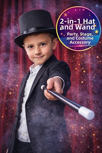 TOYFEST Set de magician pentru copii, 2 piese, pălărie neagră și baghetă, acc...