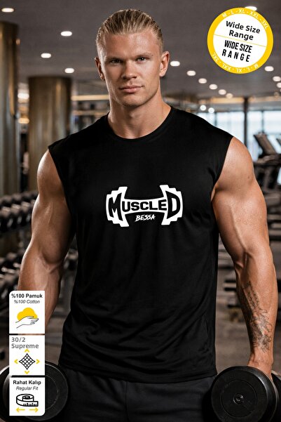BESSA Black Sportsman's Tank Top Muscled Printed Crew Neck Premium Thick Cott...
