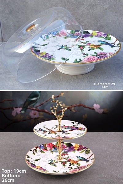 Pinkev Flora 2-Piece Ceramic Layered Cookie Cake Presentation Plate Set with ...