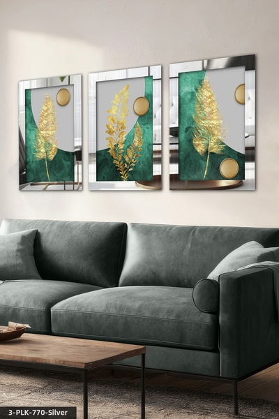 Evinemoda Gold Leaf and Circles 3 Piece Plexi Mirrored Table