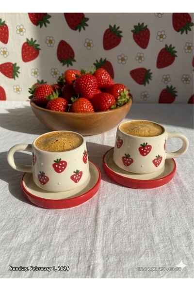 İNA PAZARLAMA 2-Pack Ceramic Mug with Strawberry Pattern and Plate