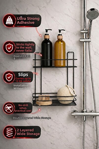 Sas Haus Ράφι μπάνιου με 2 επίπεδα, μαύρο, αυτοκόλλητο, ντους, οργανωτής για ...