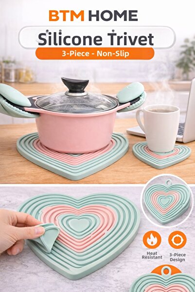 btm home Βάση σιλικόνης 3 τεμαχίων σε σχήμα καρδιάς, ανθεκτική στη θερμότητα,...