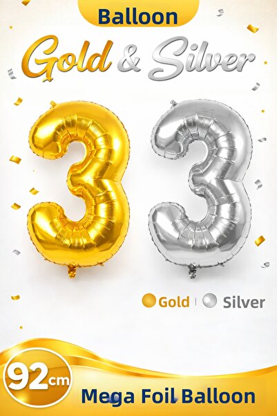 WORDAKS Foil Balloon Number 3 Helium Balloon 97 cm Silver Color - 3 Year Old ...