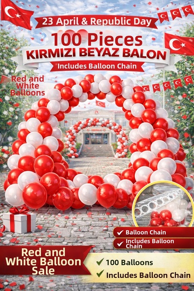 MERİ PARTİ 100 Pieces Red and White Balloon Set – Balloon Chain Included |   ...
