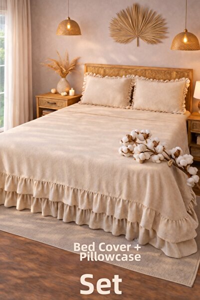 perde plus طقم غطاء سرير وغطاء وسادة من القطن بنسبة 100% مع كشكشة - مزدوج، طب...