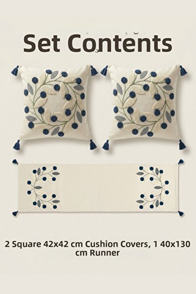 Destiva Home Σετ με κεντητό σχέδιο μαργαρίτας, 2 τετράγωνα μαξιλάρια, 1 ράνερ...