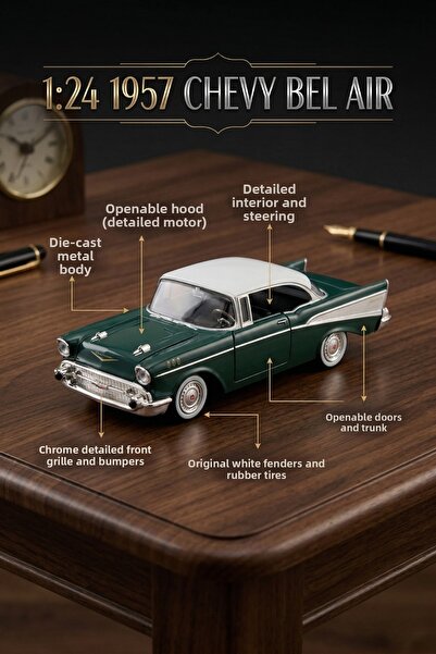 craftivio موتور ماكس 1:24 1957 شيفروليه بيل اير جرين، سيارة كلاسيكية معدنية م...