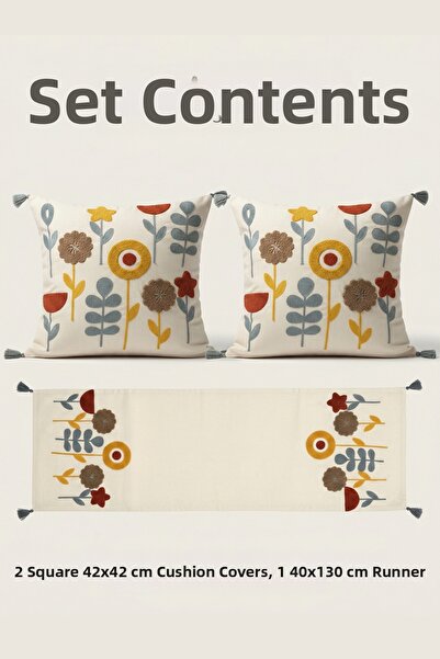 Destiva Home Σετ με κεντητά λουλουδάτα σχέδια, 2 τετράγωνα μαξιλάρια, 1 ράνερ...