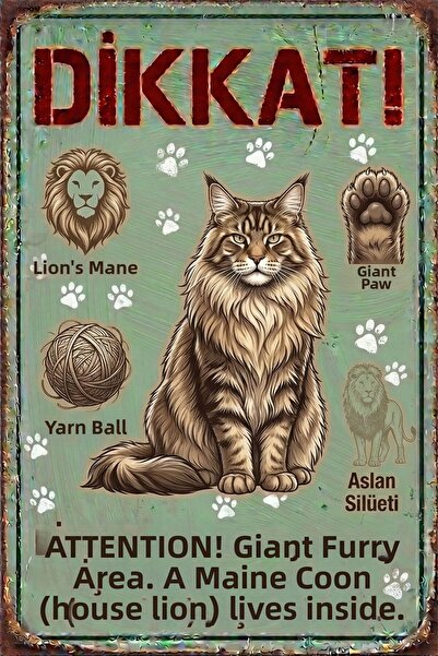 Iron Paws - Maine Coon (Leul de casă) - Semn de avertizare - Placă decorativă...