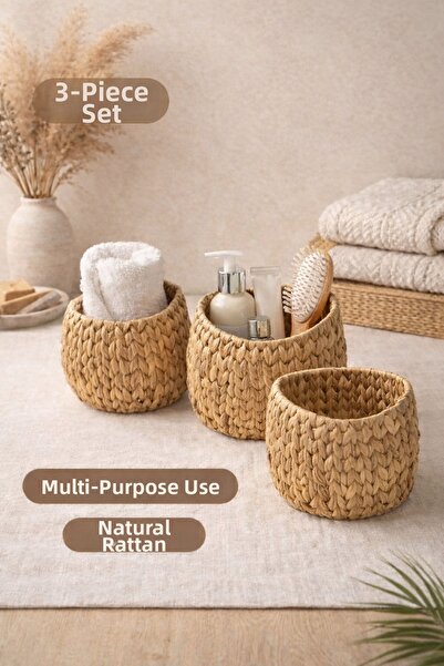 NEWNOW Ψάθινο καλάθι Σετ 3 τεμαχίων Διακοσμητικό καλάθι οργάνωσης Μπάνιο Κουζ...