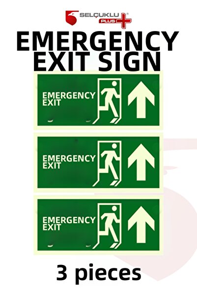 Selçuklu Plus 3-Piece Photoluminescent Emergency Exit Sign Thick Plastic Upwa...