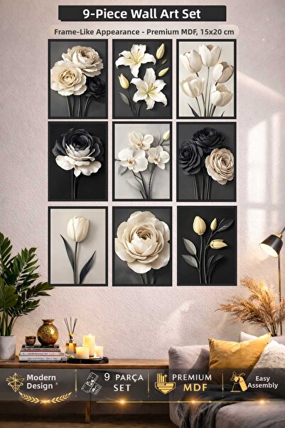 UNT 9 Piece Floral Themed Wall Painting Set – Frame-Like Premium Mdf Decorati...