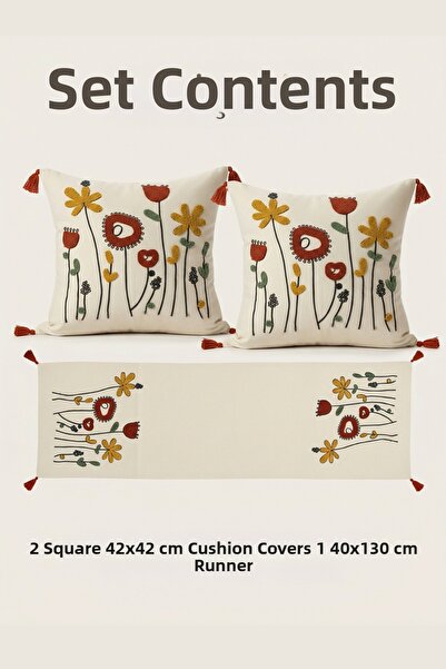 Destiva Home Σετ με κεντητά λουλουδάτα σχέδια, 2 τετράγωνα μαξιλάρια, 1 ράνερ...
