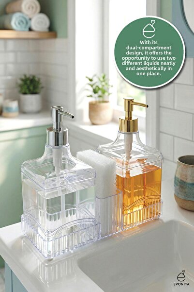 EVONİTA Σετ διανομέα υγρού σαπουνιού διπλής θήκης με θήκη για σφουγγάρι, διαφ...