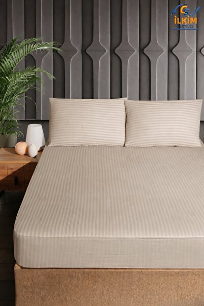 cs ilkim Σετ σατέν ελαστικού σεντονιού από βαμβάκι με ρίγες + 2 μαξιλαροθήκες...